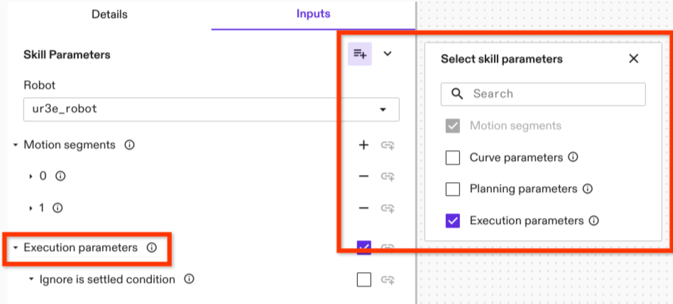 Selection of three parameter types to define Motion Specifications.