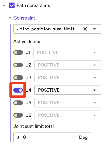 Example activating the 4th joint in the joint position sum limit constraint.