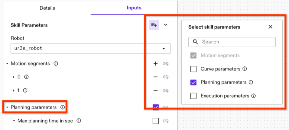 Selection of three parameter types to define Motion Specifications.