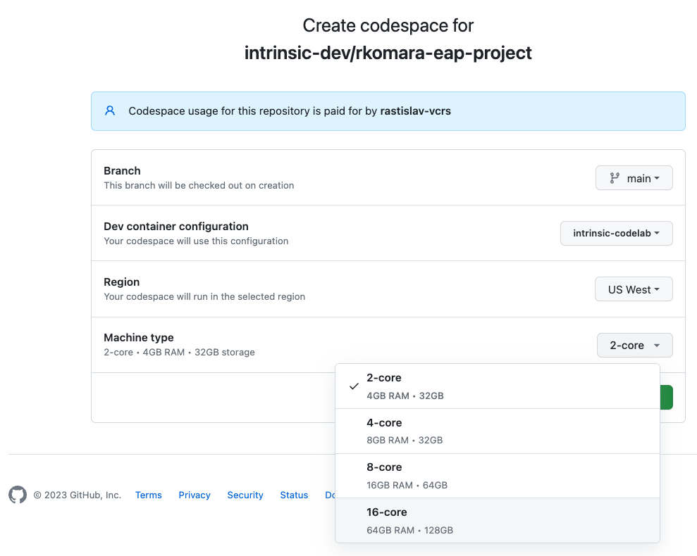 Select Codespaces VM Size