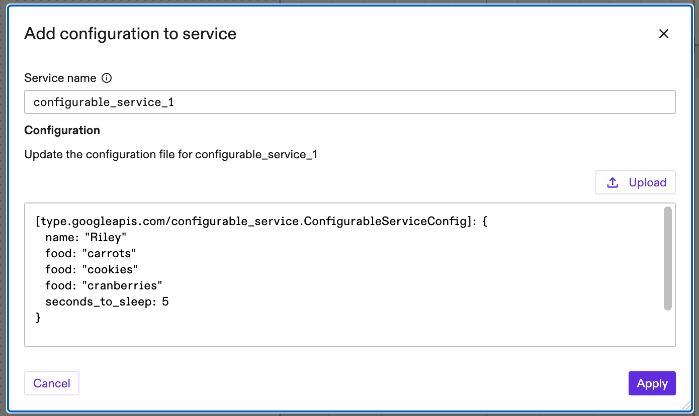 The add service dialog with the configuration shown in the Protobuf Teext Format Language