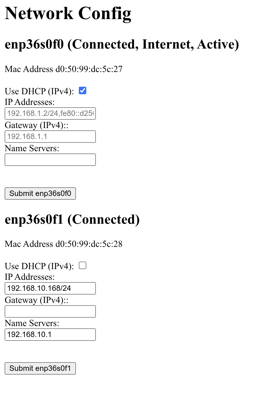 Screenshot of the local network configuration page