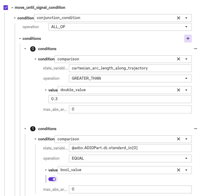 Move until signal condition including action and part variables
