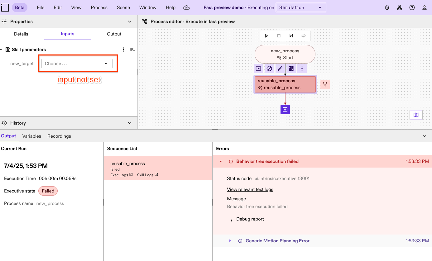 Reusable Process input missing failure