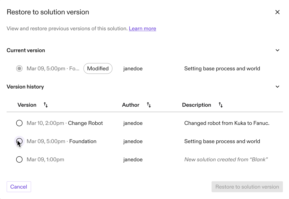 Restore Solution version dialog