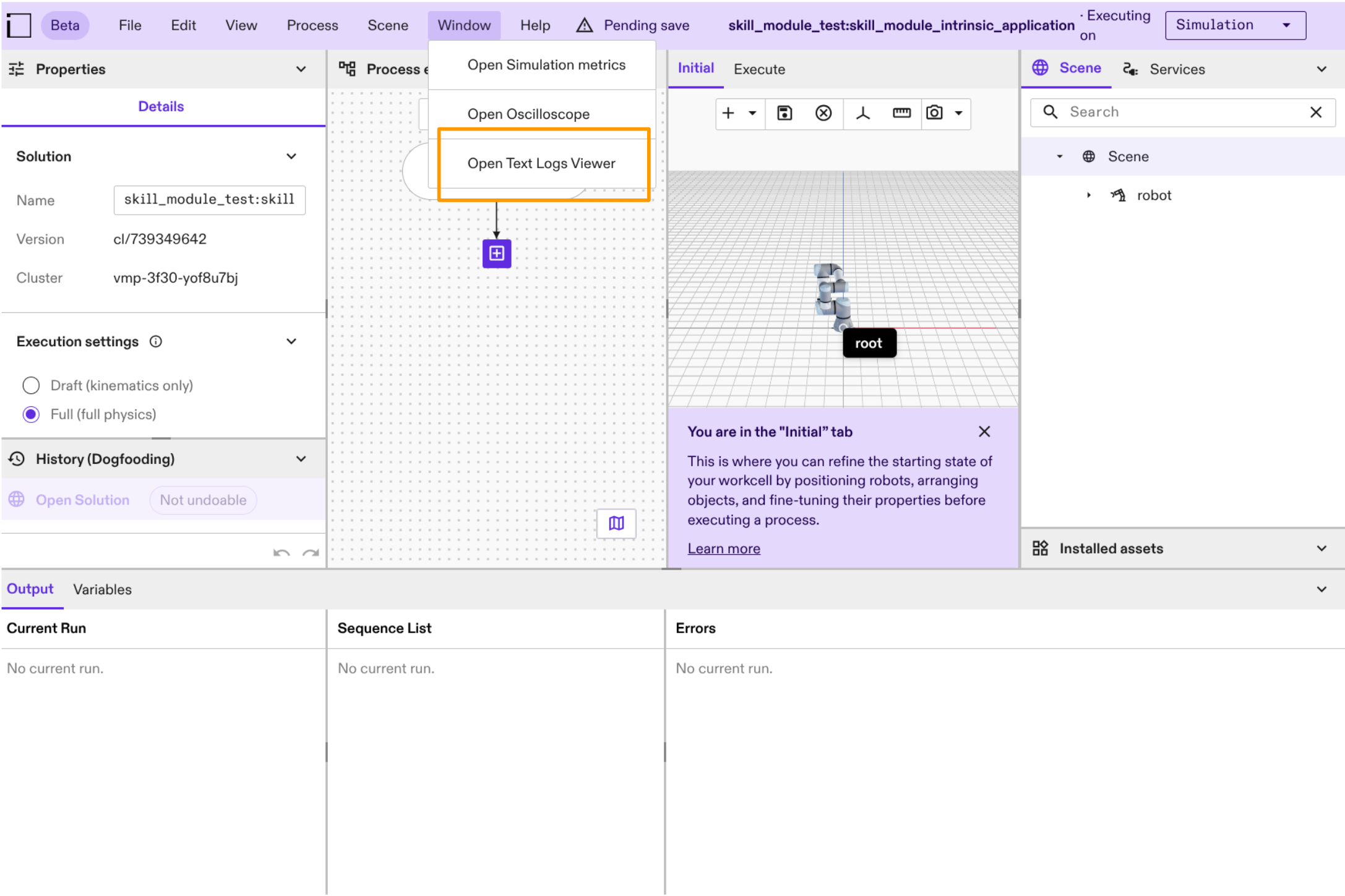 View text logs link in window menu option